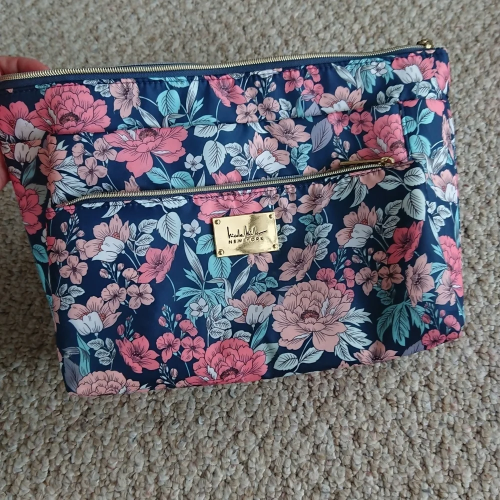 Nicole Miller Travel Makeup Toiletries Bag Floral Pink blue Large 12
